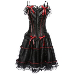 hot strappy lace trim satin corset with mesh dress